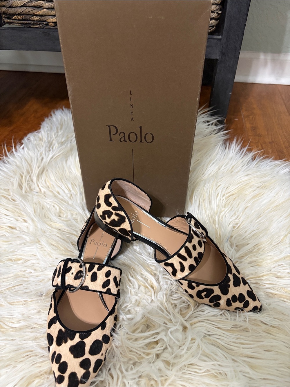 Paolo Leopard Print Pointed D'Orsay Flats with Buckle Strap